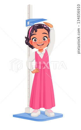 Cute little Arab school girl measuring her height with a stadiometer. Cartoon vector illustration. Cute little Arab school girl measuring her height with a stadiometer. Cartoon vector illustration. 134856910