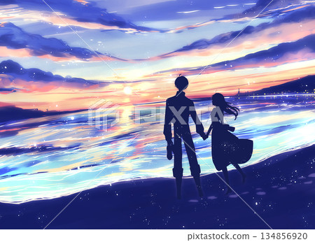 A man and woman holding hands while watching the sun on the beach - silhouette 134856920