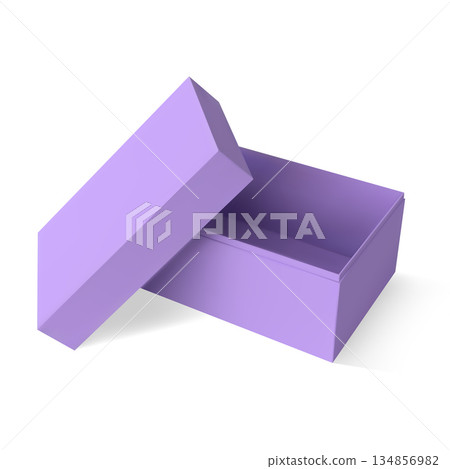 Lilac gift cardboard box with open lid, 3D realistic paper container for present parcel, delivery case vector mockup 134856982