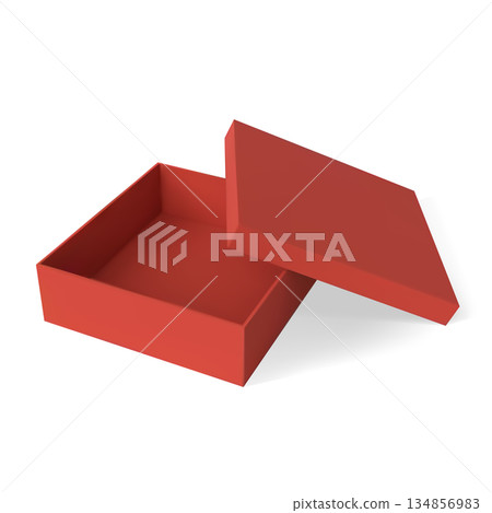 Red square gift box icon with an open lid, realistic style. Red square gift box icon with an open lid, realistic style. 134856983