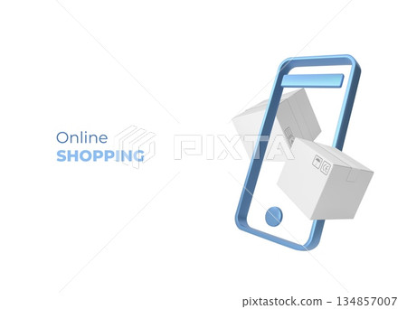 Online shopping promotion blue vector design, 3D white parcel cardboard boxes floats out of smartphone, orders delivery Online shopping promotion blue vector design, 3D white parcel cardboard boxes floats out of smartphone, orders delivery 134857007