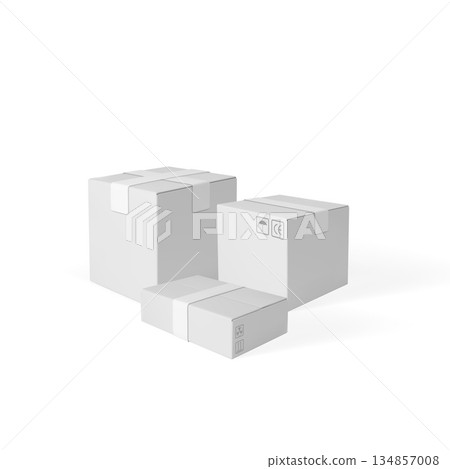 3D cardboard box different sizes vector illustration, white carton parcel closed with tape and transportation symbols 3D cardboard box different sizes vector illustration, white carton parcel closed with tape and transportation symbols 134857008