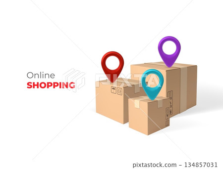 Online shopping promotion 3D vector banner, cardboard boxes, parcels with different colors geolocation signs, delivery Online shopping promotion 3D vector banner, cardboard boxes, parcels with different colors geolocation signs, delivery 134857031