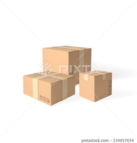 3D cardboard box different sizes, vector realistic brown carton parcel closed with tape and transportation symbols 3D cardboard box different sizes, vector realistic brown carton parcel closed with tape and transportation symbols 134857034