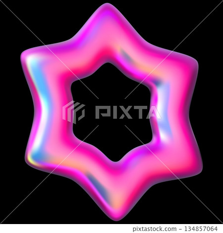 A bright neon pink holographic hexagonal star with a glow effect and a hollow center. 134857064