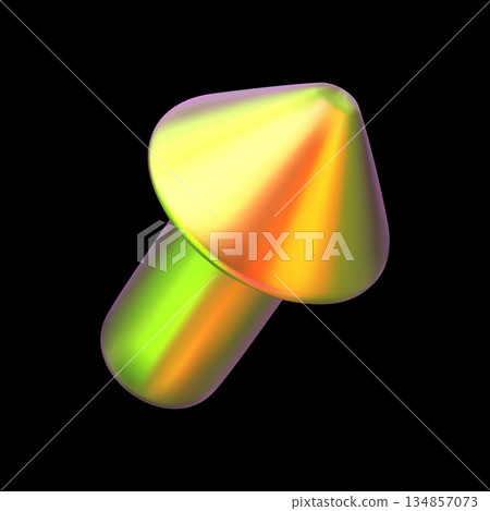 Orange holographic mushroom form realistic 3D vector design, volumetric iridescent fungus emoji, abstract shine shape 134857073