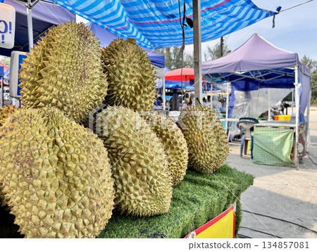 juicy ripe durian on the market in Thailand juicy ripe durian on the market in Thailand 134857081