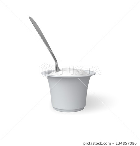 Yogurt cup with spoon, sour cream dairy products package, vector 3D mockup of white round plastic container with meal 134857086