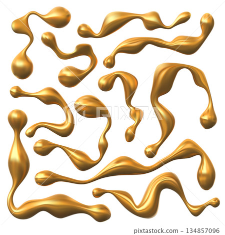 A set of isolated drops of golden metallic liquid or caramel in various shapes. 134857096