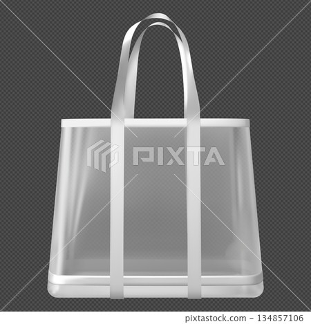 Transparent tote bag with hanging handles, white shopping pouch with straps, plastic handbag with hooks vector mockup Transparent tote bag with hanging handles, white shopping pouch with straps, plastic handbag with hooks vector mockup 134857106