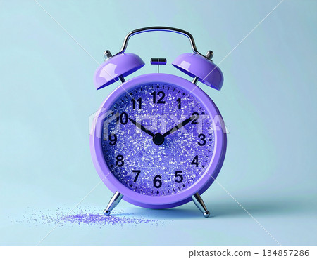 Classic design. Purple vintage alarm clock on background in pastel color with copy space. Bright design. 134857286