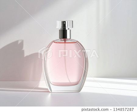 E-commerce and advertising campaigns. Pink perfume bottle on background in pastel color with sunlight. 134857287