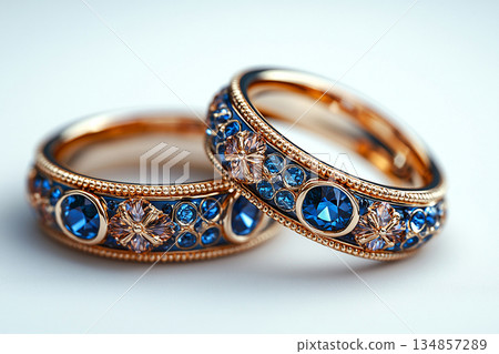 Luxurious pair of wedding rings with blue stones on a white background. Rococo-Renaissance style. Luxurious pair of wedding rings with blue stones on a white background. Rococo-Renaissance style. 134857289