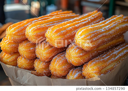 Food pairing. Various of Mexican churros with chocolate. Street food setting. Cultural and global dessert. 134857290