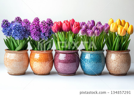 Spring bulbs. Bulbs lasagna in pot. Planting method for containers or garden beds. Spring bulbs. Bulbs lasagna in pot. Planting method for containers or garden beds. 134857291