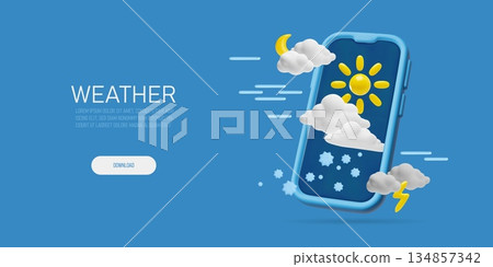A 3D banner with a smartphone with various weather icons on the screen. A 3D banner with a smartphone with various weather icons on the screen. 134857342