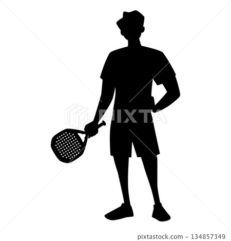 Black silhouette of a man in shorts and a T-shirt holding a racket. 134857349