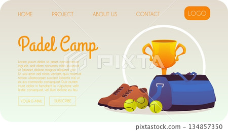 Padel camp website template with a trophy, sneakers, balls, and a bag. Padel camp website template with a trophy, sneakers, balls, and a bag. 134857350