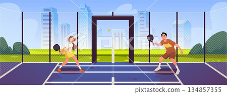 Characters holding padel rackets on a court against a cityscape backdrop. Characters holding padel rackets on a court against a cityscape backdrop. 134857355