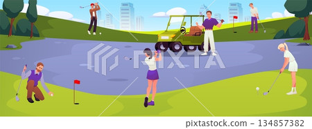 People playing golf on the lawn near city, golf equipment, red flags, small car, vector sport leisure activity, training People playing golf on the lawn near city, golf equipment, red flags, small car, vector sport leisure activity, training 134857382