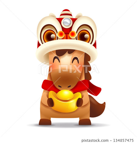 Cute Little Cartoon Horse with Lion Dance on Head. Chinese Zodiac Cute Little Cartoon Horse with Lion Dance on Head. Chinese Zodiac 134857475