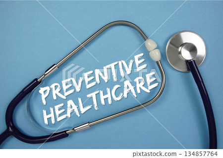 Preventive Healthcare text with stethoscope on blue background 134857764