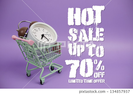 Mega Sale 70% off Promotion and Marketing with trolley shopping cart and alarm clock on purple background 134857937