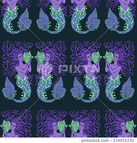 Beautiful long hair mermaid holding conch shell seamless pattern on black background vector illustration 134858330