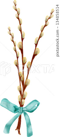 Watercolor spring tree branch with buds, willow, Easter branch 134858514