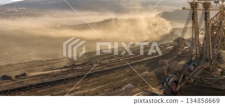 A large bucket wheel excavator in a lignite brown coal mine 134858669