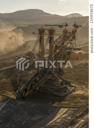 A large bucket wheel excavator in a lignite brown coal mine 134858670