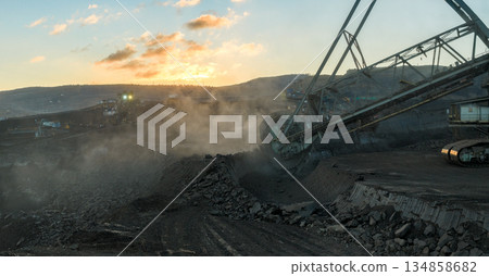 A large bucket wheel excavator in a lignite brown coal mine 134858682