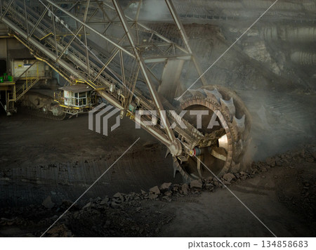 A large bucket wheel excavator in a lignite brown coal mine 134858683