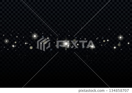 Night sky background with golden stars. Dark magic transparent gradient space with shiny glitter. Cosmic abstract Christmas backdrop with magic glow. Vector illustration 134858707