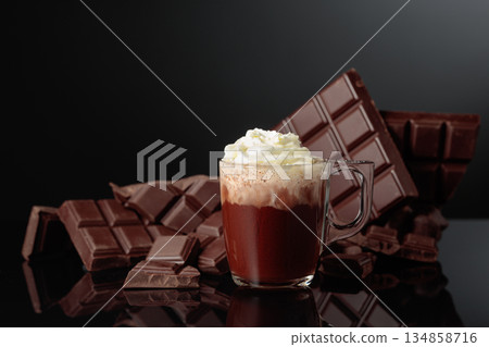Hot chocolate with whipped cream. Hot chocolate with whipped cream. 134858716