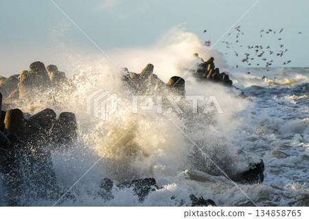Powerful waves crashing on tetrapods during a storm in the Baltic Sea near Liepaja, Latvia Powerful waves crashing on tetrapods during a storm in the Baltic Sea near Liepaja, Latvia 134858765