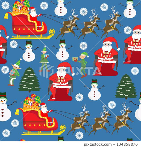 Santa Claus with reindeer and presents elves and snowman seamless pattern Santa Claus with reindeer and presents elves and snowman seamless pattern 134858870