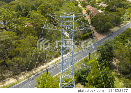 Aerial photograph of the top section of an electricity transmission tower Aerial photograph of the top section of an electricity transmission tower 134858877