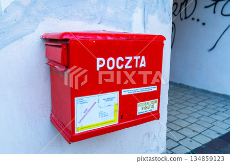 Red postal letter box of the Polish Post Office Red postal letter box of the Polish Post Office 134859123