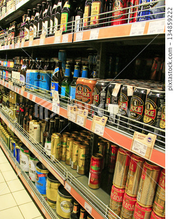 Store of alcoholic drinks. Alcohol drink market. Different kinds of beer 134859222
