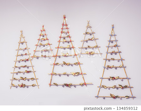 Festive Wooden Christmas Tree Wall Art Made From Small Lattice Frames with Ornaments 134859312