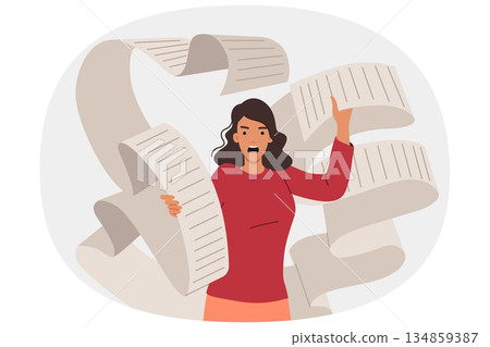 Problem of large bills to pay upsets aggressive young woman holding long paper check Problem of large bills to pay upsets aggressive young woman holding long paper check 134859387