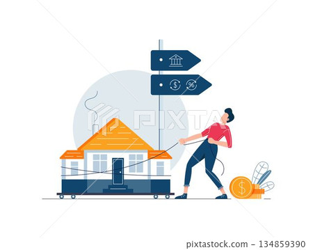 Mortgage refinancing concept. Man carries a home to the bank. Male character draggs a house for loan refunding with getting cash out 134859390