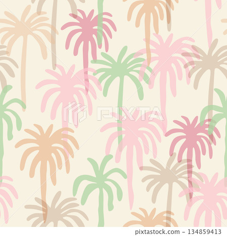 Pink and beige palm trees seamless pattern. Vector tropical summer textile design, floral prints, exotic wallpaper. 134859413
