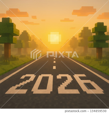 road leading into the future with 2026 written on the asphalt. Symbol of new beginnings, future planning, success and opportunities. landscape with a digital voxel style representing progress road leading into the future with 2026 written on the asphalt. Symbol of new beginnings, future planning, success and opportunities. landscape with a digital voxel style representing progress 134859530