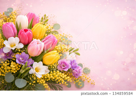 Spring bouquet with tulips, mimosa and freesia on pink background. Greeting card template for spring holidays. Spring bouquet with tulips, mimosa and freesia on pink background. Greeting card template for spring holidays. 134859584