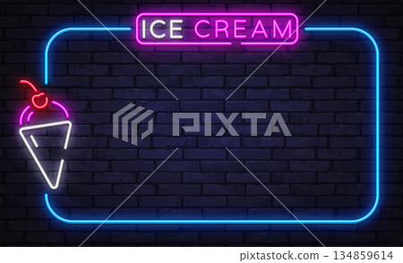 Bright neon vector frame with ice cream cone icon on dark brick background. Perfect for dessert menus, cafe boards, and summer promotions. 134859614