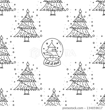 Doodle pattern of Christmas glass snow globes with christmas tree in black and white style Doodle pattern of Christmas glass snow globes with christmas tree in black and white style 134859617