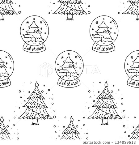 Doodle pattern of Christmas glass snow globes with christmas tree in black and white style 134859618