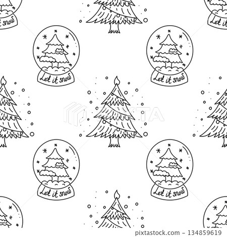Doodle pattern of Christmas glass snow globes with christmas tree in black and white style Doodle pattern of Christmas glass snow globes with christmas tree in black and white style 134859619